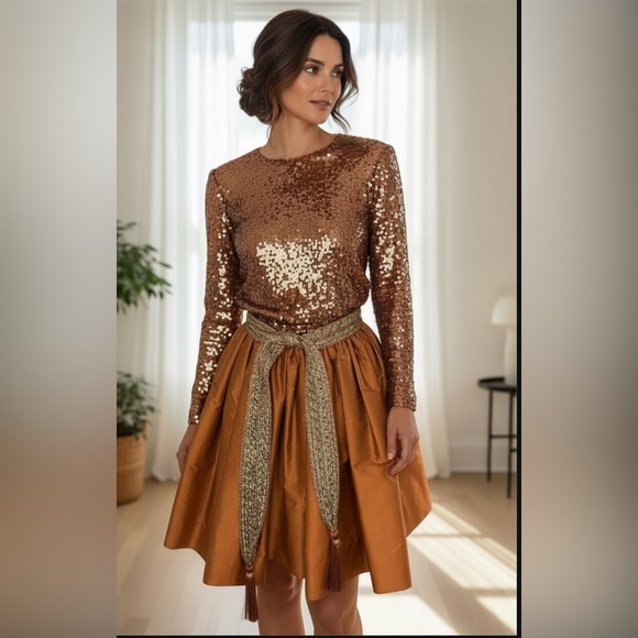 Vintage Oscar de la Renta Studio Sequin and Silk Bronze Formal Mini Dress - Picture 3 of 15